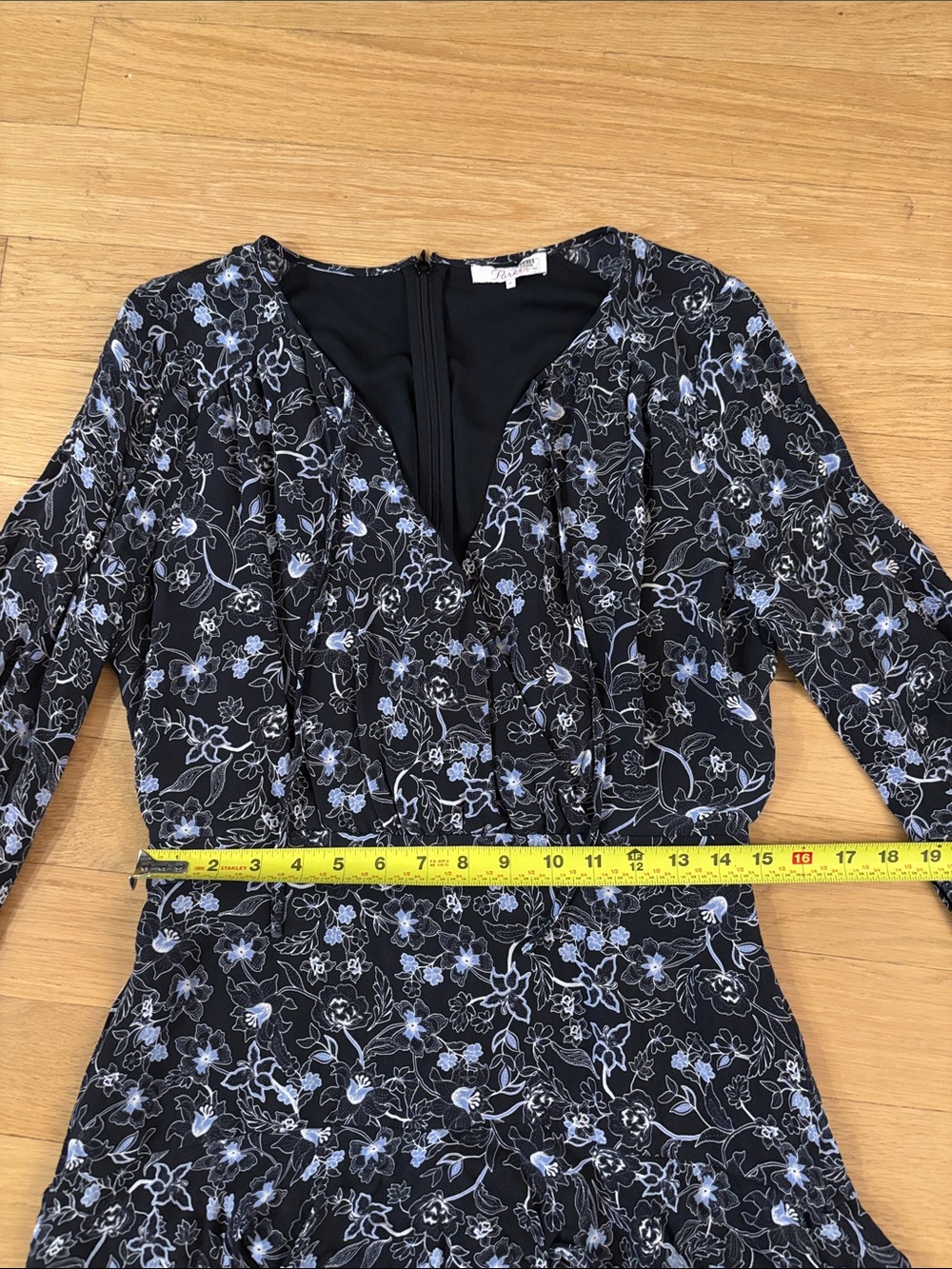 Parker Marengo Silk Blend Floral A-line Dress Medium 8 Long Sleeve Black Blue - Picture 14 of 16